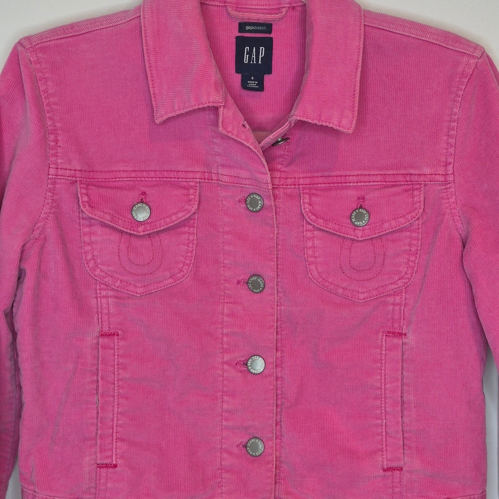 GAP Vintage Hot Pink Corduroy Cropped Trucker Jacket Y2K Barbiecore Pop Color S - Picture 2 of 11
